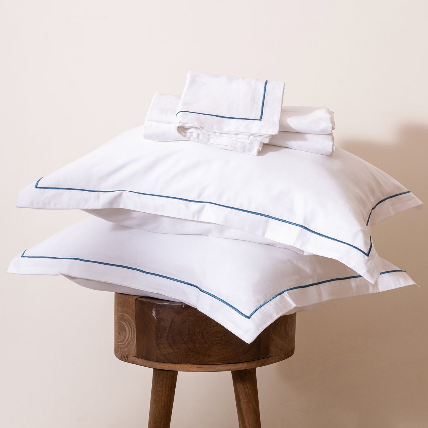 Brilliant White with Blue Embroidered Bedsheet