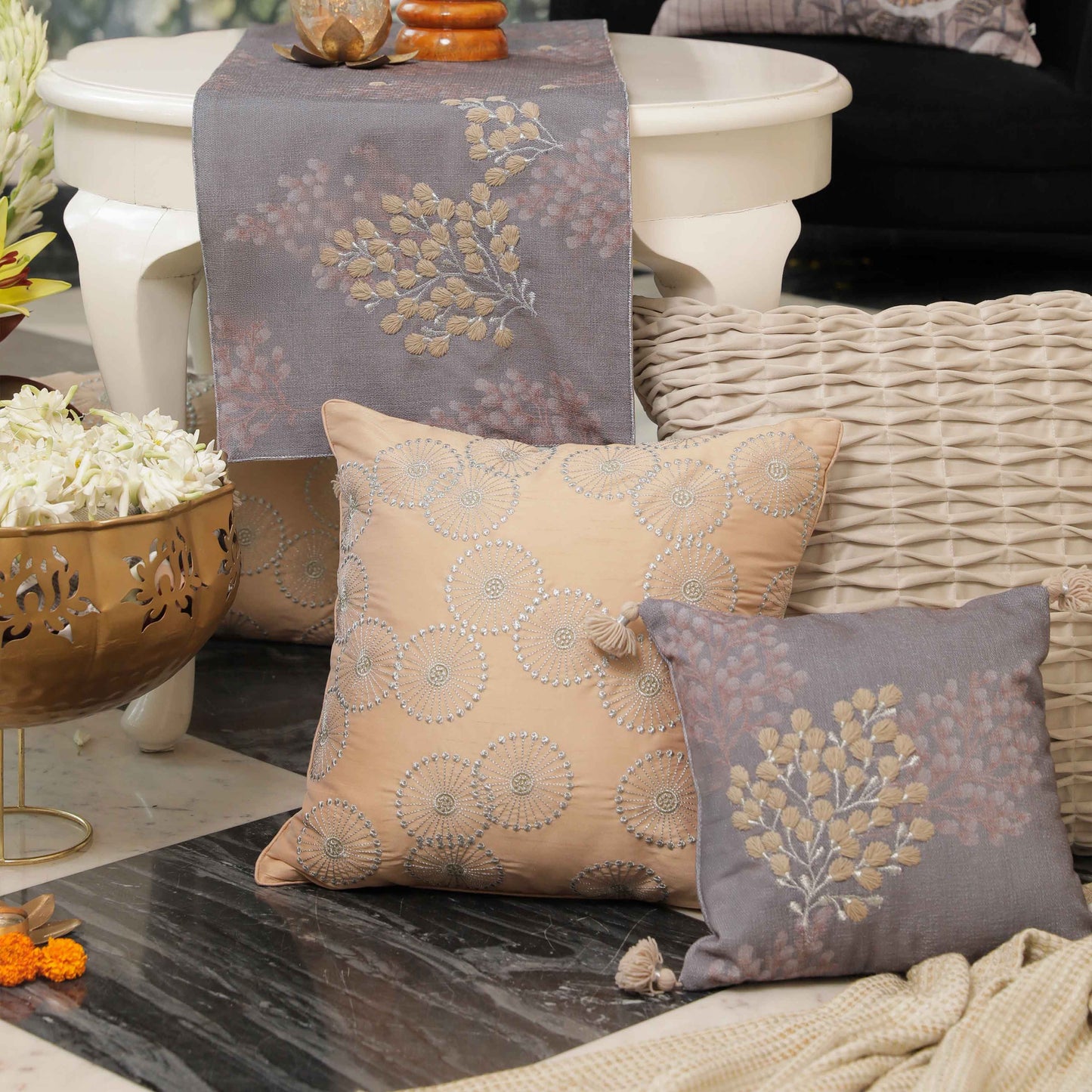 Mandala Beige Embroidered Cushion Cover