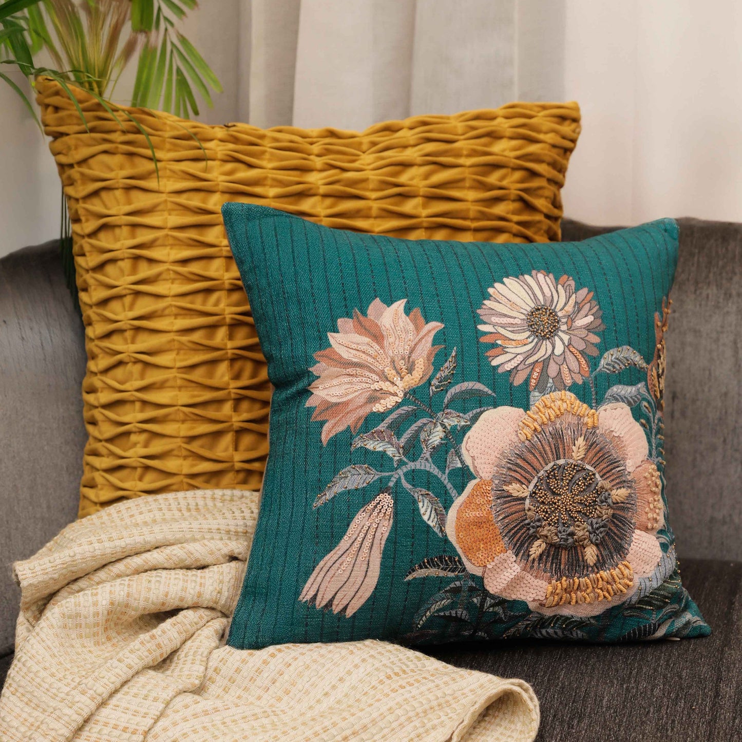 Rosette Turquoise Chenille Cushion Cover